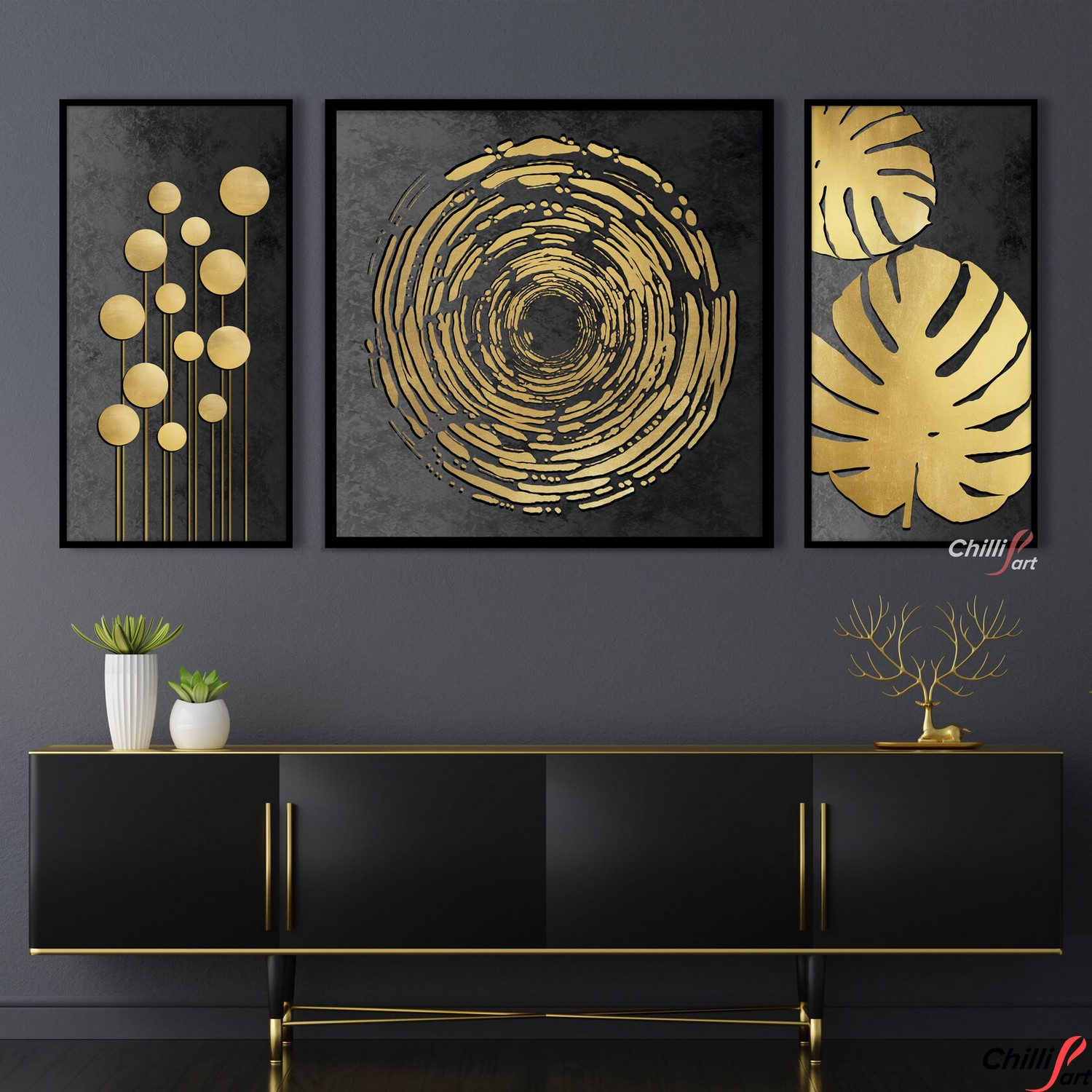 Картина Golden Abstraction - 3 картины 60х120 см - Без рамки