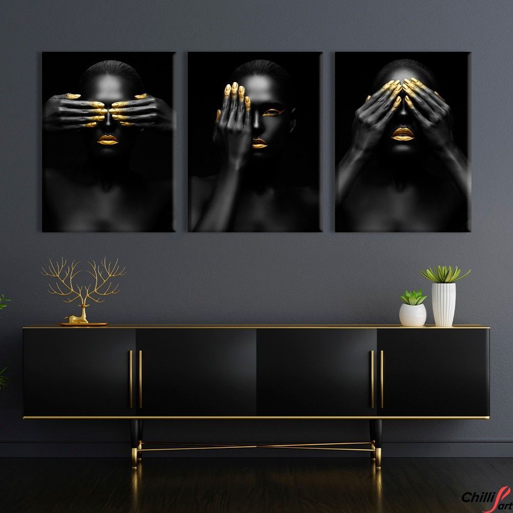 Картина Black & Gold Woman Aesthetiс - 3 картины 50х65 см - Без рамки